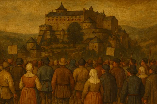 Dipinto storico di contadini in protesta davanti a un grande castello medievale