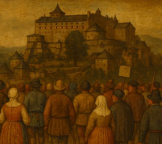 Historical painting of peasants protesting before a large medieval castle