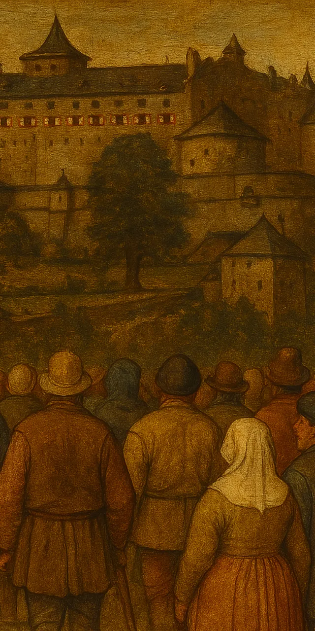 Dipinto storico di contadini in protesta davanti a un grande castello medievale