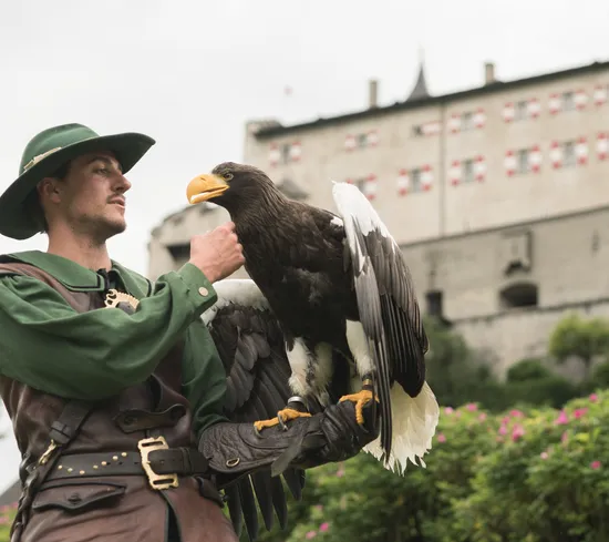 Falconer in medieval costume holding a sea eagle in front of a European castle