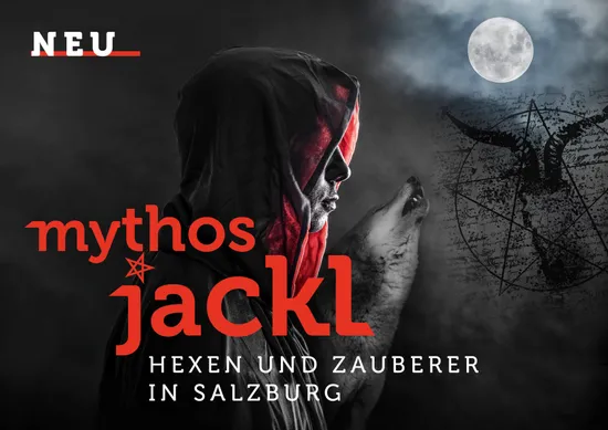 Vermummte Gestalt und heulender Wolf im Mondlicht mit okkulten Symbolen zur Jackl-Legende in Salzburg
