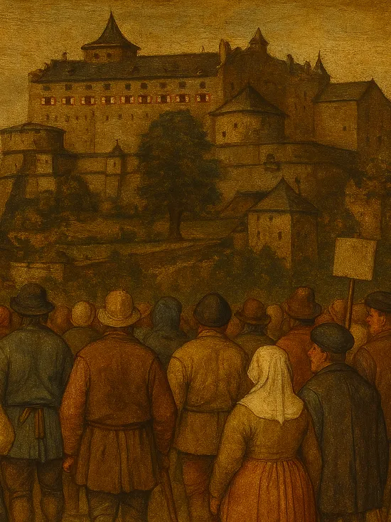 Dipinto storico di contadini in protesta davanti a un grande castello medievale