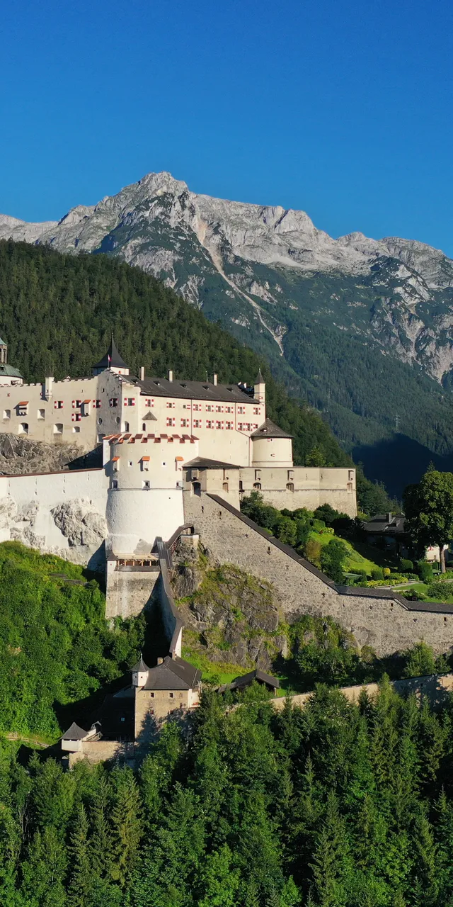 Mittelalterliche Burg Hohenwerfen umgeben von Alpenwald mit Bergkulisse im Hintergrund