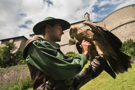 Falconiere in abito verde con aquila marrone vicino a un castello di pietra storico